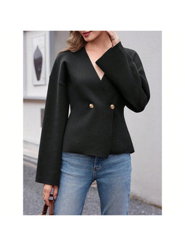 Sueter de punto holgado con cuello en v y mangas largas acampanadas para mujer de warmwaves