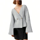 Sueter de punto holgado con cuello en v y mangas largas acampanadas para mujer de warmwaves