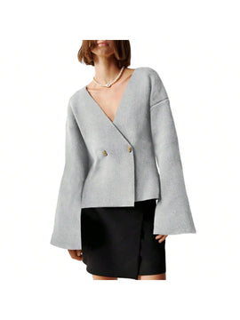 Sueter de punto holgado con cuello en v y mangas largas acampanadas para mujer de warmwaves