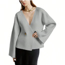 Sueter de punto holgado con cuello en v y mangas largas acampanadas para mujer de warmwaves