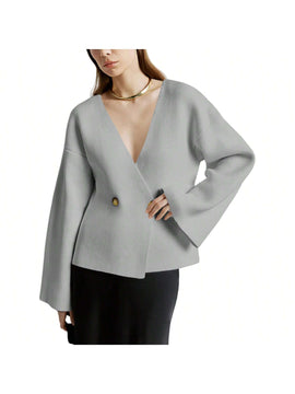 Sueter de punto holgado con cuello en v y mangas largas acampanadas para mujer de warmwaves