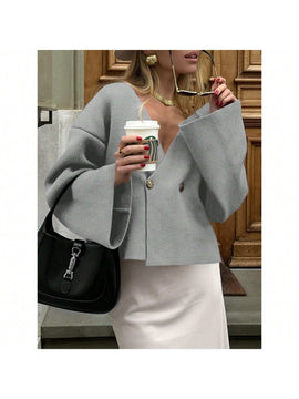 Sueter de punto holgado con cuello en v y mangas largas acampanadas para mujer de warmwaves