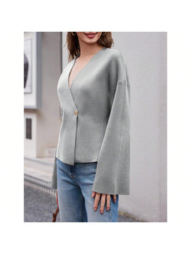 Sueter de punto holgado con cuello en v y mangas largas acampanadas para mujer de warmwaves