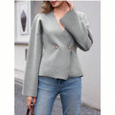 Sueter de punto holgado con cuello en v y mangas largas acampanadas para mujer de warmwaves