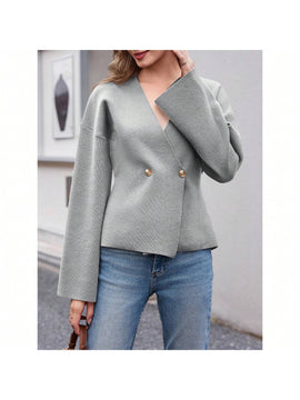 Sueter de punto holgado con cuello en v y mangas largas acampanadas para mujer de warmwaves