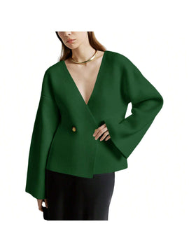 Sueter de punto holgado con cuello en v y mangas largas acampanadas para mujer de warmwaves