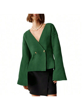 Sueter de punto holgado con cuello en v y mangas largas acampanadas para mujer de warmwaves