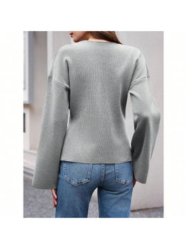 Sueter de punto holgado con cuello en v y mangas largas acampanadas para mujer de warmwaves