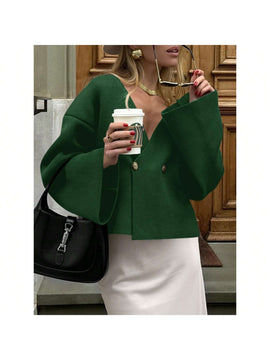 Sueter de punto holgado con cuello en v y mangas largas acampanadas para mujer de warmwaves