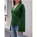 Sueter de punto holgado con cuello en v y mangas largas acampanadas para mujer de warmwaves