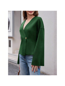 Sueter de punto holgado con cuello en v y mangas largas acampanadas para mujer de warmwaves