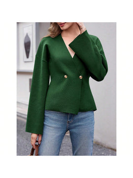 Sueter de punto holgado con cuello en v y mangas largas acampanadas para mujer de warmwaves