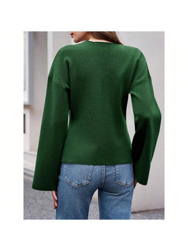Sueter de punto holgado con cuello en v y mangas largas acampanadas para mujer de warmwaves