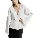 Sueter de punto holgado con cuello en v y mangas largas acampanadas para mujer de warmwaves