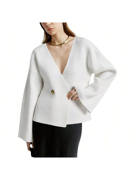 Sueter de punto holgado con cuello en v y mangas largas acampanadas para mujer de warmwaves