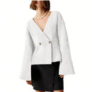 Sueter de punto holgado con cuello en v y mangas largas acampanadas para mujer de warmwaves