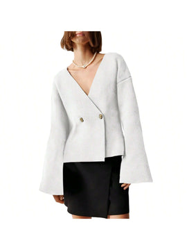 Sueter de punto holgado con cuello en v y mangas largas acampanadas para mujer de warmwaves