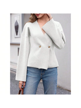 Sueter de punto holgado con cuello en v y mangas largas acampanadas para mujer de warmwaves