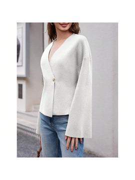 Sueter de punto holgado con cuello en v y mangas largas acampanadas para mujer de warmwaves
