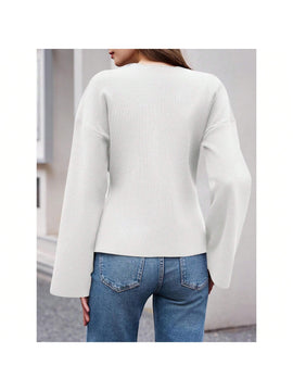 Sueter de punto holgado con cuello en v y mangas largas acampanadas para mujer de warmwaves
