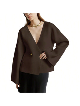 Sueter de punto holgado con cuello en v y mangas largas acampanadas para mujer de warmwaves