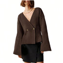 Sueter de punto holgado con cuello en v y mangas largas acampanadas para mujer de warmwaves
