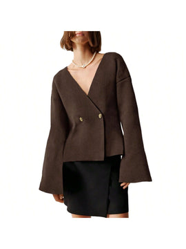 Sueter de punto holgado con cuello en v y mangas largas acampanadas para mujer de warmwaves