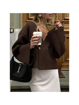 Sueter de punto holgado con cuello en v y mangas largas acampanadas para mujer de warmwaves