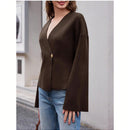 Sueter de punto holgado con cuello en v y mangas largas acampanadas para mujer de warmwaves