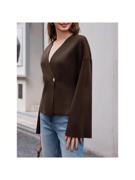 Sueter de punto holgado con cuello en v y mangas largas acampanadas para mujer de warmwaves
