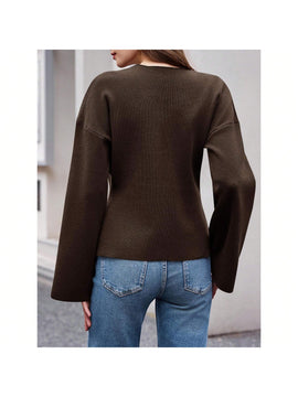 Sueter de punto holgado con cuello en v y mangas largas acampanadas para mujer de warmwaves