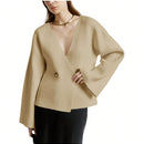 Sueter de punto holgado con cuello en v y mangas largas acampanadas para mujer de warmwaves