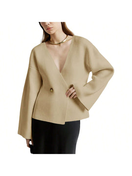 Sueter de punto holgado con cuello en v y mangas largas acampanadas para mujer de warmwaves