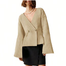 Sueter de punto holgado con cuello en v y mangas largas acampanadas para mujer de warmwaves