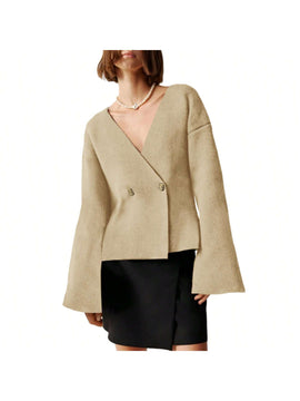 Sueter de punto holgado con cuello en v y mangas largas acampanadas para mujer de warmwaves