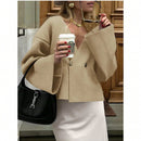 Sueter de punto holgado con cuello en v y mangas largas acampanadas para mujer de warmwaves