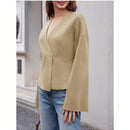 Sueter de punto holgado con cuello en v y mangas largas acampanadas para mujer de warmwaves