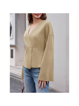 Sueter de punto holgado con cuello en v y mangas largas acampanadas para mujer de warmwaves
