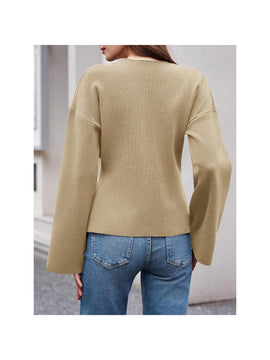 Sueter de punto holgado con cuello en v y mangas largas acampanadas para mujer de warmwaves