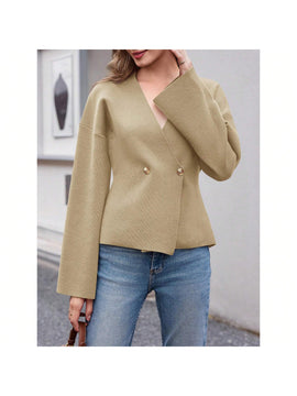 Sueter de punto holgado con cuello en v y mangas largas acampanadas para mujer de warmwaves