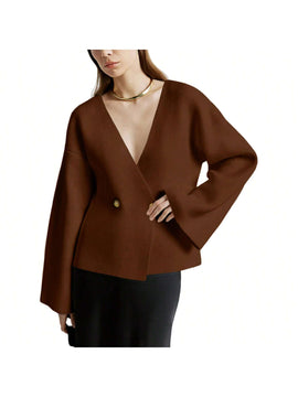 Sueter de punto holgado con cuello en v y mangas largas acampanadas para mujer de warmwaves