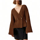 Sueter de punto holgado con cuello en v y mangas largas acampanadas para mujer de warmwaves