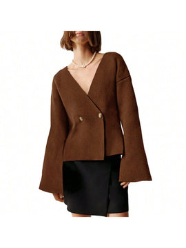Sueter de punto holgado con cuello en v y mangas largas acampanadas para mujer de warmwaves