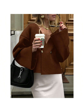 Sueter de punto holgado con cuello en v y mangas largas acampanadas para mujer de warmwaves
