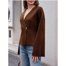 Sueter de punto holgado con cuello en v y mangas largas acampanadas para mujer de warmwaves