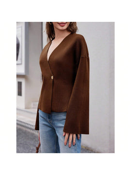 Sueter de punto holgado con cuello en v y mangas largas acampanadas para mujer de warmwaves