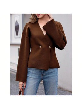 Sueter de punto holgado con cuello en v y mangas largas acampanadas para mujer de warmwaves
