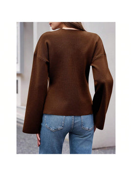 Sueter de punto holgado con cuello en v y mangas largas acampanadas para mujer de warmwaves