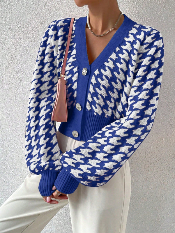 Essnce cardigan casual de mujer con botones y mangas de farol, dobladillo ancho y estampado de pata de gallo
