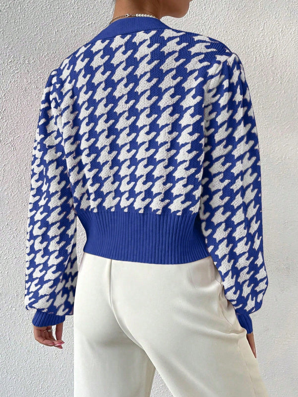 Essnce cardigan casual de mujer con botones y mangas de farol, dobladillo ancho y estampado de pata de gallo